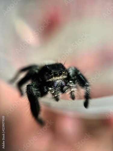 A close-up portrait of a regal jumping spider (Phidippus regius) with large, forward-facing eyes, perched on a surface photo