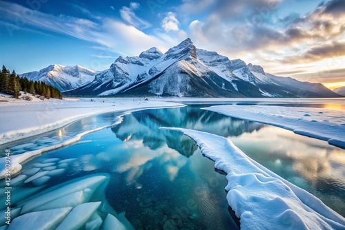 Majestic Snow Ridge & Frozen Lake Abraham, Alberta, Canada - Winter Landscape Photography photo