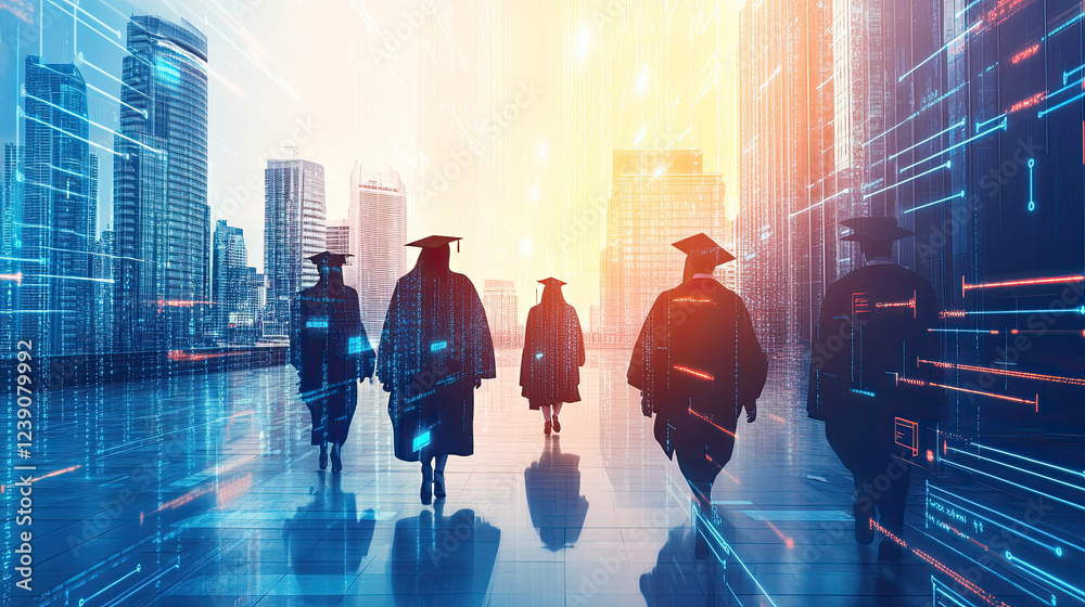 © Prime Lens - A digital cityscape with graduates in caps and gowns represents the intersection of education and future opportunities.
