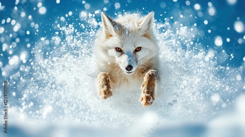 A dynamic image of a fox sprinting through the snowy landscape, showcasing the animal's agility, speed, and beautiful fur against a backdrop of falling snowflakes.