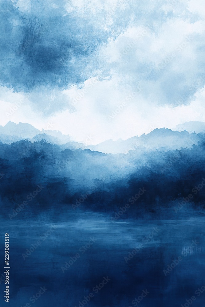 Fototapeta premium Blue watercolor landscape with mountains and sky cloudy abstract art painting style