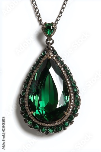 A stunning green teardrop pendant adorned with sparkling jewels. photo