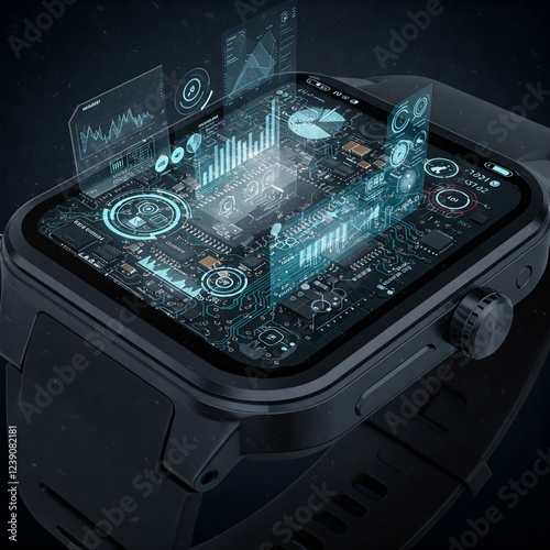 A detailed view of a smartwatch with a holographic display and intricate circuitry.