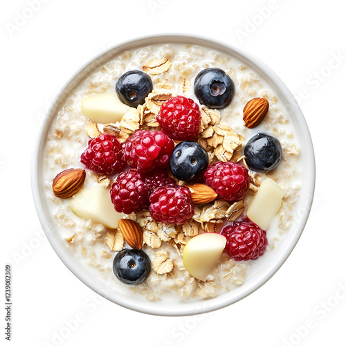 Delicious and healthy oatmeal breakfast bowl topped with fresh raspberries, blueberries, sliced apples, and almonds in a white bowl, isolated on transparent background, PNG, cut out