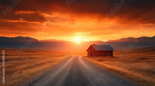 A charming dirt road approaches a rustic wooden house, basking in the warm glow of a picturesque sunset, creating a cozy, inviting atmosphere that speaks of nostalgia and comfort.