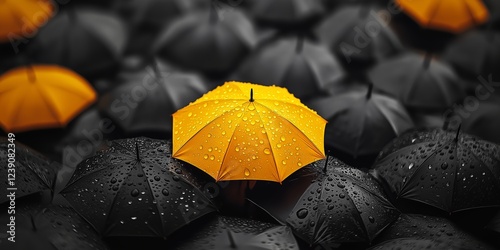 A vibrant yellow umbrella stands out among black ones, symbolizing uniqueness and individuality.
