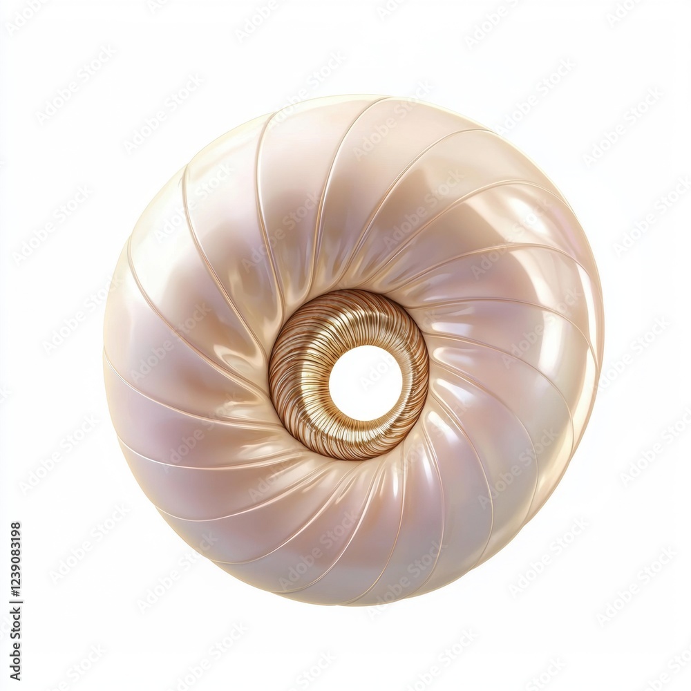Obraz premium Glossy Nautilus Shell with a Perfect Golden Ratio Spiral, Smooth Pearlescent Finish, Isolated on White Background