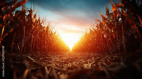 A serene twilight glow illuminating a pathway between corn plants, creating a peaceful and reflective atmosphere perfect for contemplative moments in nature.