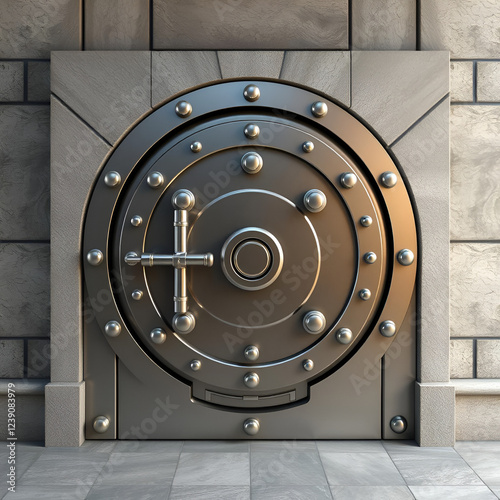 Front view of closed bank vault door photo