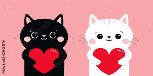 Black White cat kitten kitty set holding red heart. Cute cartoon kawaii funny animal baby character. Flat design. Happy Valentines Day. Love card. Childish style. Pink background. Isolated. Vector