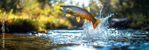 A panoramic view showcases a rainbow trout catching bait in mid-air.