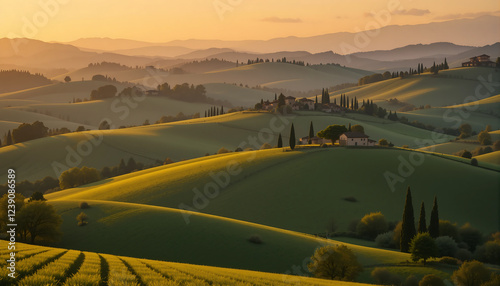 Sunrise on Tuscany's hills with golden light illuminating the landscape