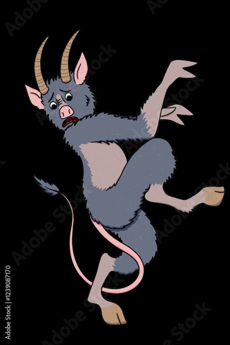 mythological character, cartoon character of a devil with horns and hooves, funny and cute faun, Satyr, illustration on a black background photo