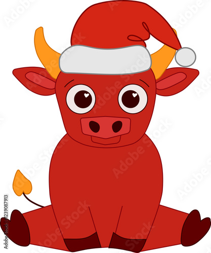 Cute cartoon bull  in a Santa`s hat. Vector graphic line composition illustration of animal isolated on white.