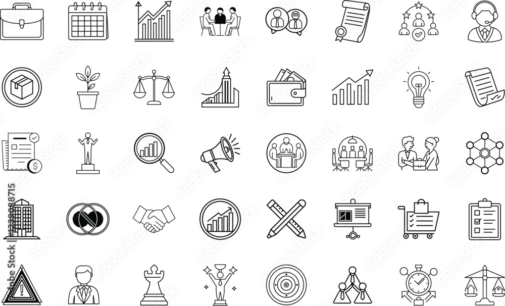Naklejka premium A collection of 40 monochrome line icons depicting business concepts like planning, growth, teamwork, strategy, finance, and success. Simple, clean design.