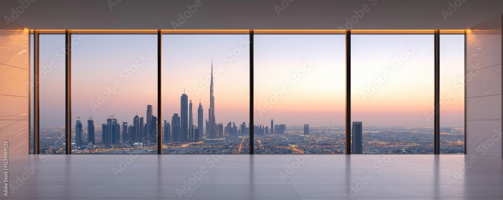 Fototapeta premium Modern skyscraper windows offering a panoramic view of a glowing cityscape at dusk, with a serene yet vibrant atmosphere