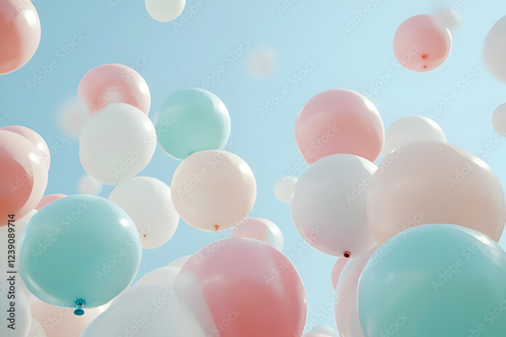 custom made wallpaper toronto digitalA group of festive balloons in soft pastel colors, floating against a soft blue sky, creating a lighthearted and joyful mood.