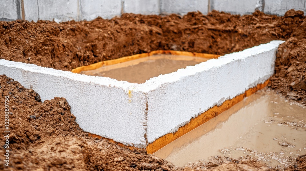 Newly constructed foundation with a protective membrane applied, surrounded by excavated soil and puddles of water Newly constructed foundation with a protective membrane applied, surrounded by excavated soil and puddles of water
