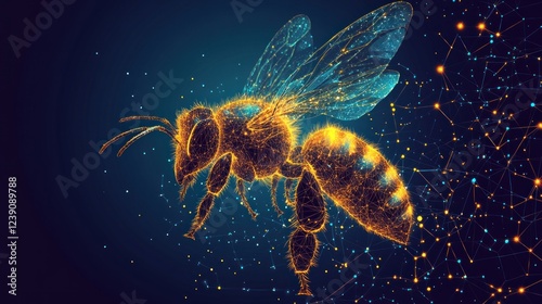 Abstract polygonal bee in flight, glowing with light particles.