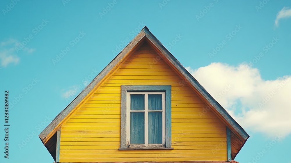 Yellow house peak with white window and blue trim against a bright sky with soft clouds Yellow house peak with white window and blue trim against a bright sky with soft clouds