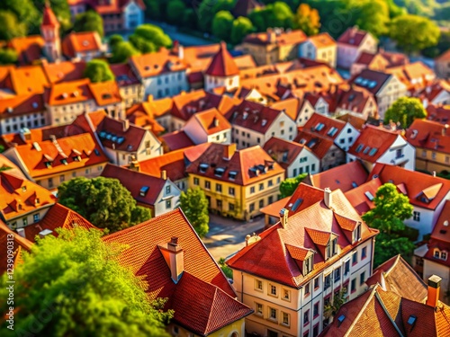 Miniature Cityscape: Red Rooftops & Cobblestone Streets - Tilt-Shift Photography photo