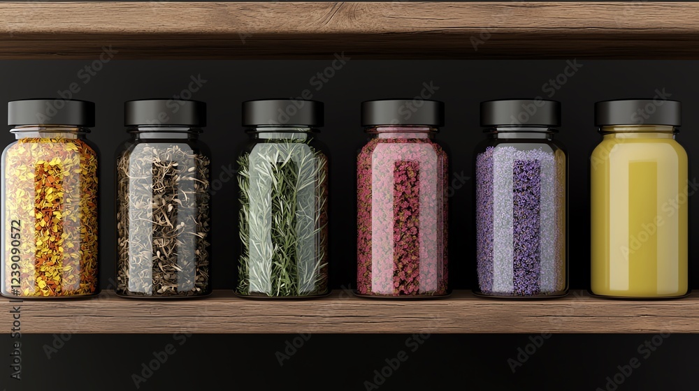 Colorful spice jars on wooden shelf. Colorful spice jars on wooden shelf.