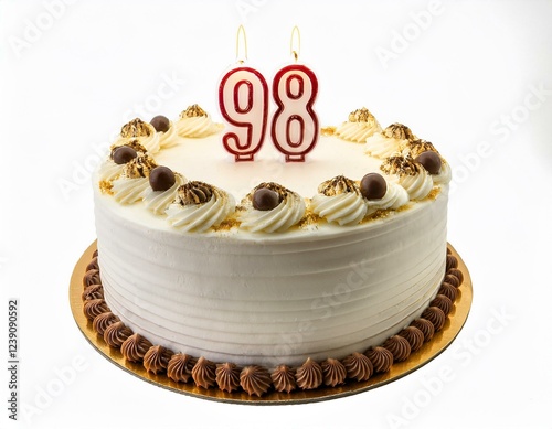 Decorated white cake for birthday or anniversary party, candle number 98, white background photo