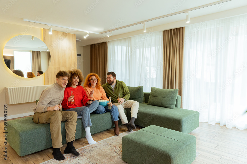 Friends enjoying a cozy gathering in a stylish living room decorated with elegant colors and modern furnishings during a sunny afternoon Friends enjoying a cozy gathering in a stylish living room decorated with elegant colors and modern furnishings during a sunny afternoon