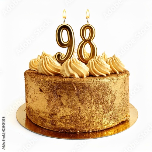 Decorated gold cake for birthday or anniversary party, candle number 98, white background photo