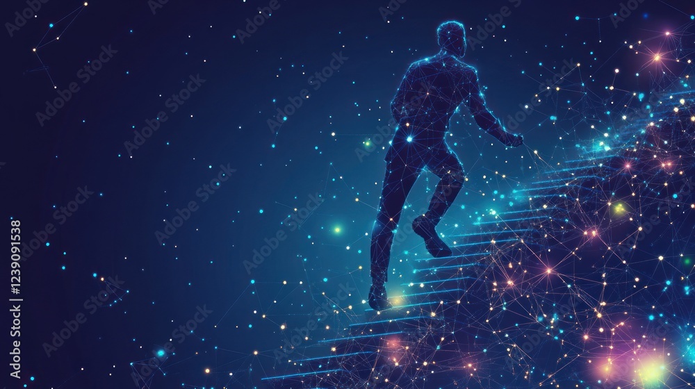 Naklejka premium Abstract man climbing illuminated stairs ascending to success in a digital network.