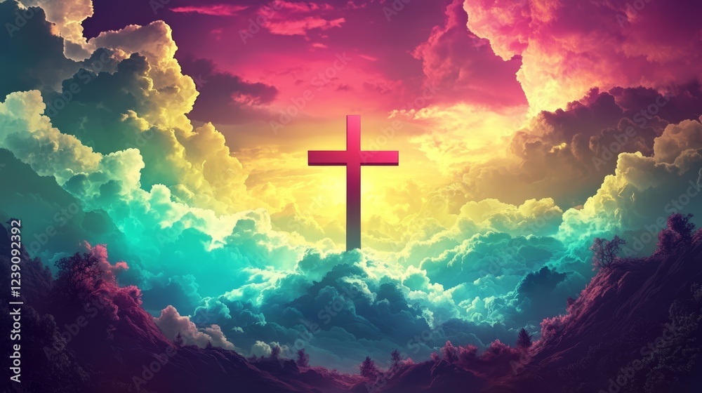 Colorful clouds enveloping a central Christian cross image. Colorful clouds enveloping a central Christian cross image.