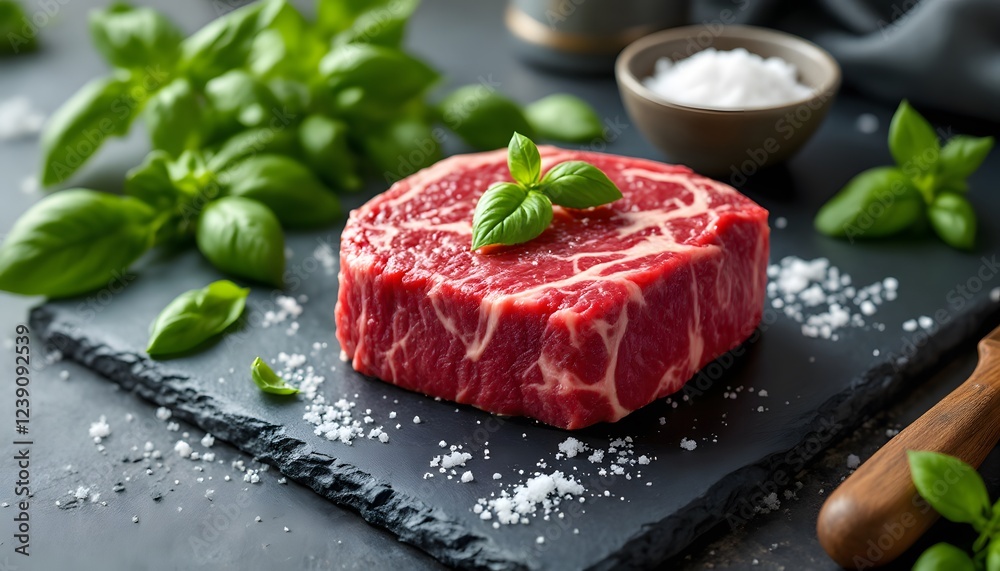 Juicy Ribeye Steak Ready for Grilling with Fresh Basil Juicy Ribeye Steak Ready for Grilling with Fresh Basil