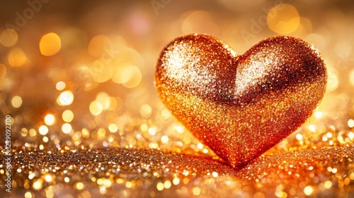Sparkling Golden Heart on Glitter Background