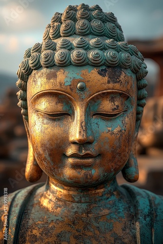 Golden Buddha Statue Close-Up Intricate Details in Patan Nepal photo