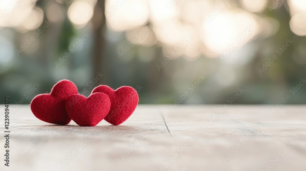 Fototapeta premium Three red hearts on wood, sunset bokeh. Valentine's Day card design