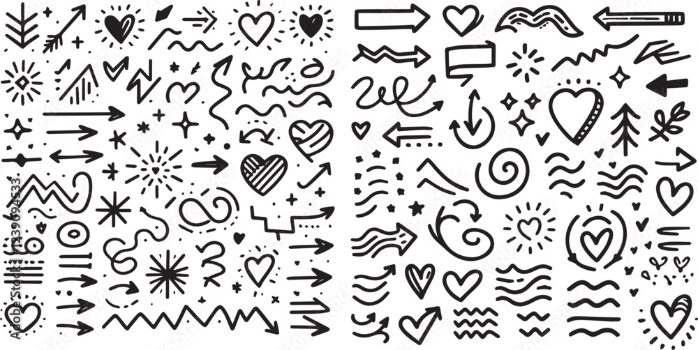 Line arrow hand drawn shape brush underline stroke element vector set. Hand drawn doodle sketch arrow, circle, star brush stroke scribble underline icon. Marker doodle heart vector illustration Line arrow hand drawn shape brush underline stroke element vector set. Hand drawn doodle sketch arrow, circle, star brush stroke scribble underline icon. Marker doodle heart vector illustration