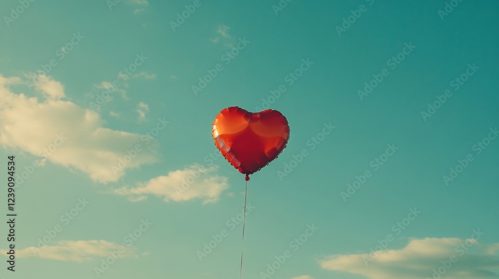 Fototapeta premium Red Heart Shaped Balloon Floating in a Blue Sky