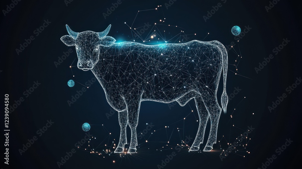 Digital Cow, polygonal lines, glowing, dark background. Digital Cow, polygonal lines, glowing, dark background.