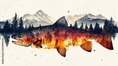 A fiery trout leaps before a majestic mountain range