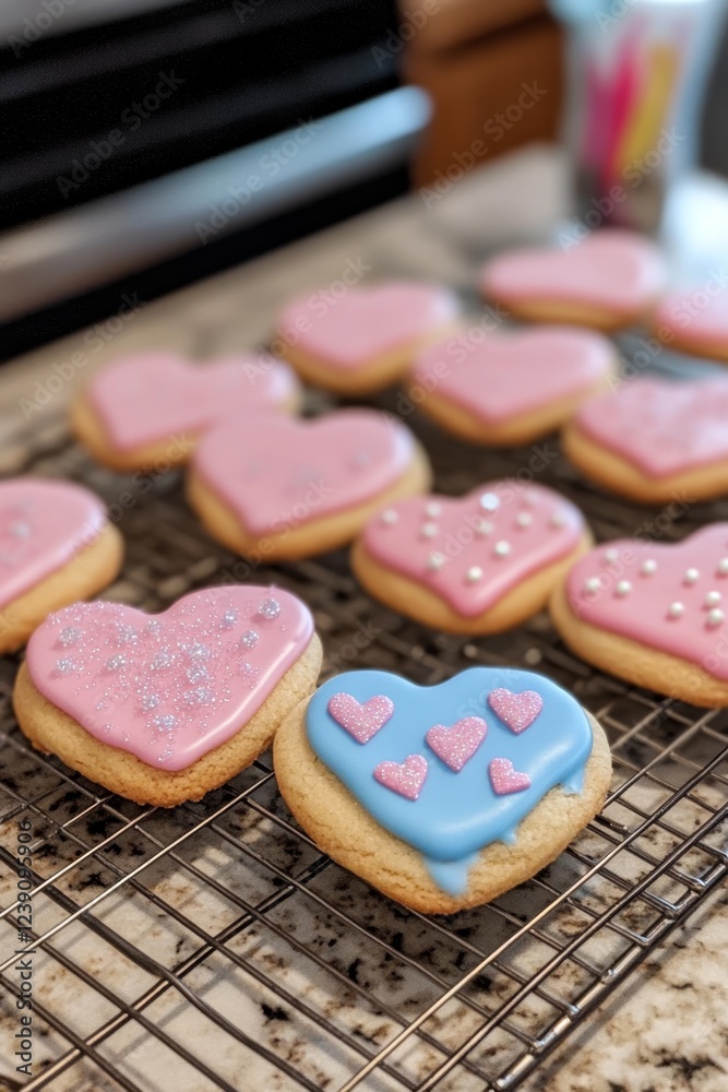 Heart-shaped cookies with pink and blue icing on cooling rack