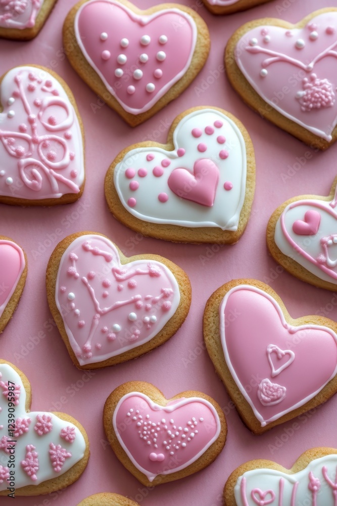 Heart-shaped cookies with pink and white icing on a pink background Heart-shaped cookies with pink and white icing on a pink background