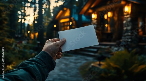 Hand Holding Blank Note Card in Front of a Rustic Cabin at Dusk photo