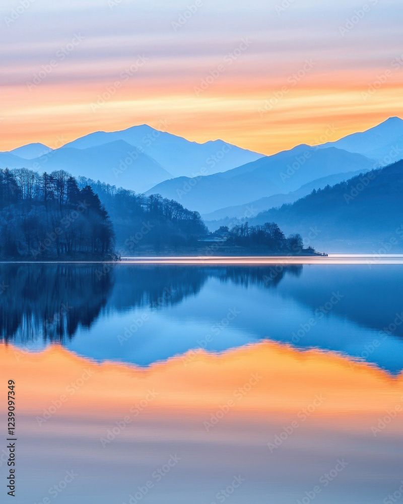Fototapeta premium Serene lake at sunrise reflecting soft pastel shades and mountains
