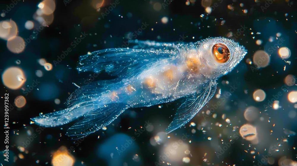 Transparent fish swims in dark ocean, bokeh background; marine biology Transparent fish swims in dark ocean, bokeh background; marine biology