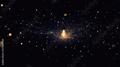 Glowing lightbulb in a vast, starlit cosmos.