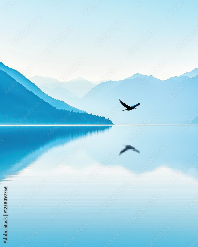 serene bird silhouette flying over tranquil lake and mountains