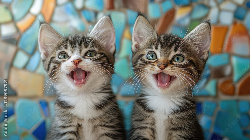 two cute and happy kitten with glass mosaic background two cute and happy kitten with glass mosaic background