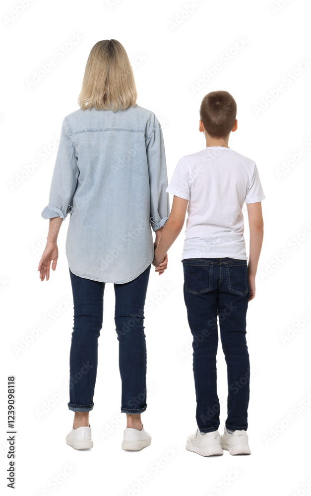 Mother and son on white background, back view Mother and son on white background, back view