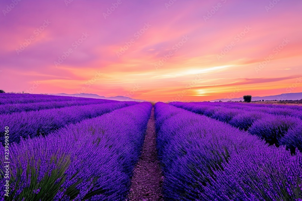 A lavender field at dusk, glowing purple hues under a golden-pink sky.