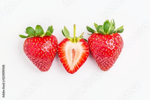 Juicy Strawberries: Two Whole and One Sliced - Fresh, red strawberries, representing summer, sweetness, health, and vitality.  A sliced strawberry reveals its inner texture. photo